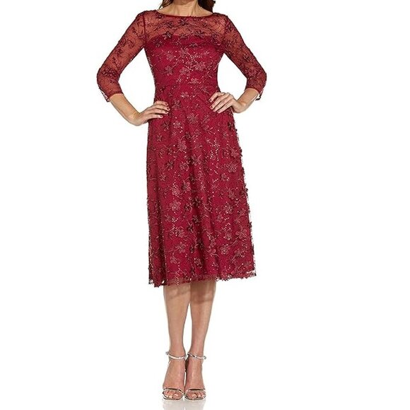 ADRIANNA PAPELL Size 4 Dress Sequin Red Lace Cocktail Illusion Flower Applique - Picture 1 of 16